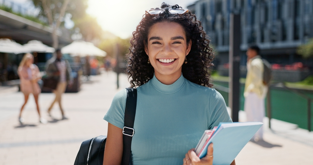 Woman,,Portrait,And,Outdoor,Happiness,At,University,,Books,For,Education